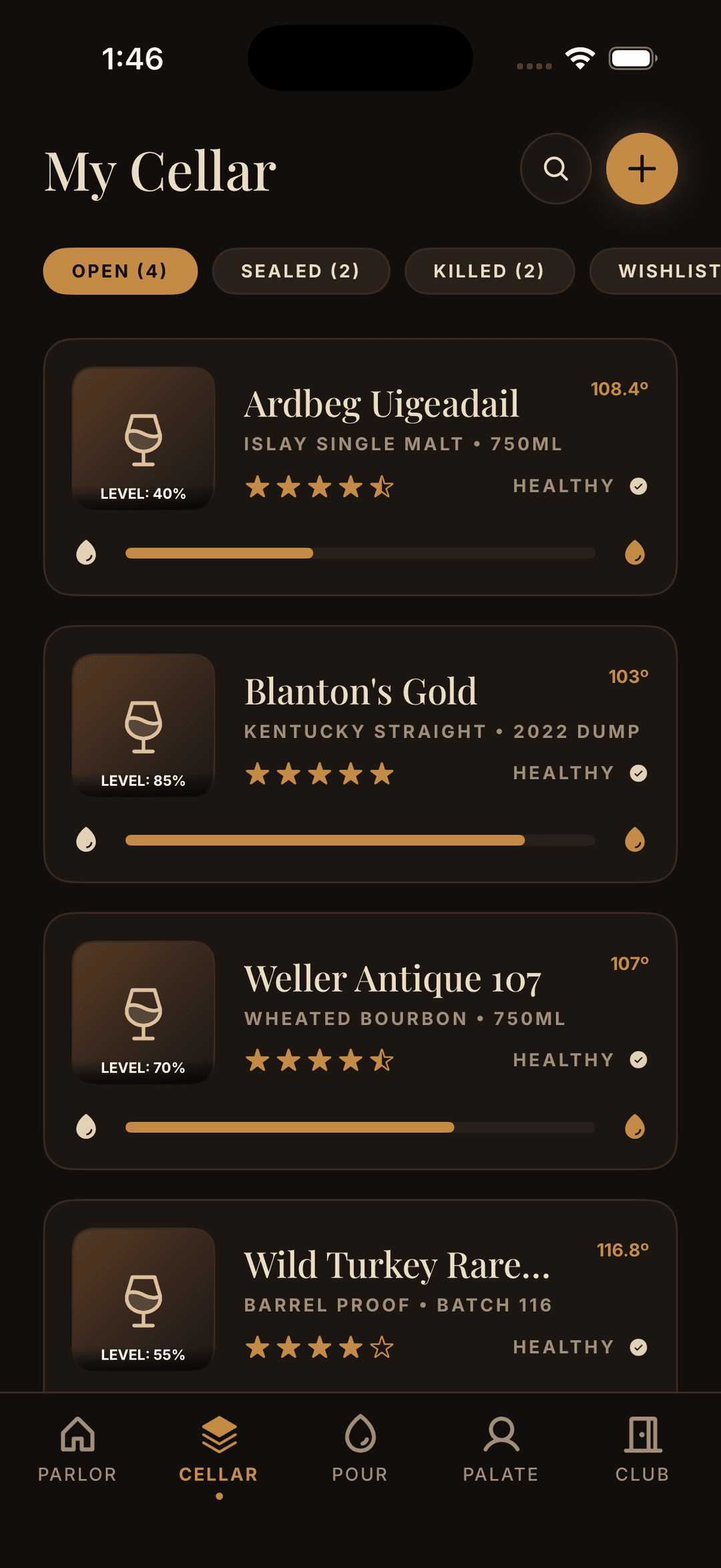 My Cellar — real bottle photos, fill levels, status filters